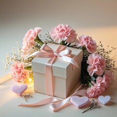 Romantic Gift Box with Pink Carnations and Heart Decorations on Soft Background