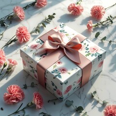 Floral Gift Box with Pink Ribbon Surrounded by Soft Blossoms – Romantic Present Flatlay