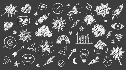 Hand-Drawn Chalk Doodles of Various Elements on Dark Background