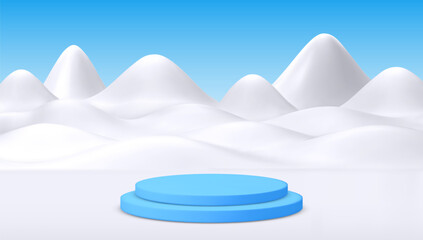 3D Vector Illustration of Minimalistic Snowy Hills and Blue Platform