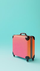 A vibrant pink and orange suitcase standing against a clean, light blue background in studio