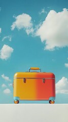 A colorful suitcase with a gradient from yellow to red against a blue sky with white clouds