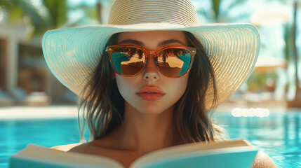 A woman in a wide-brimmed sun hat wearing sun glasses reading a book
