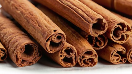 Aromatic cinnamon sticks arranged neatly on white isolated background