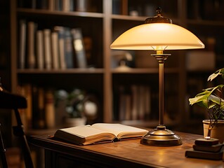 A warmly lit desk lamp illuminating an open book with a bookshelf in the blurred background