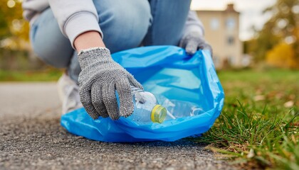 Primer plano de manos con guantes recogiendo basura y botellas de plástico realizando un trabajo medioambiental