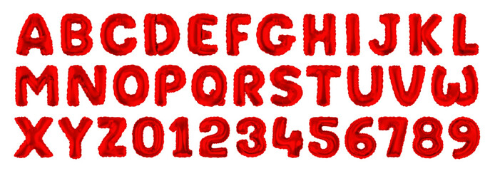 Realistic english alphabet and number balloon for birthday party or wedding invitation social media banner. 3d red air bubble font for school kids coloring book. Christmas plastic paper text or letter