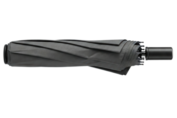 Compact black umbrella designed for easy portability isolated on a transparent background