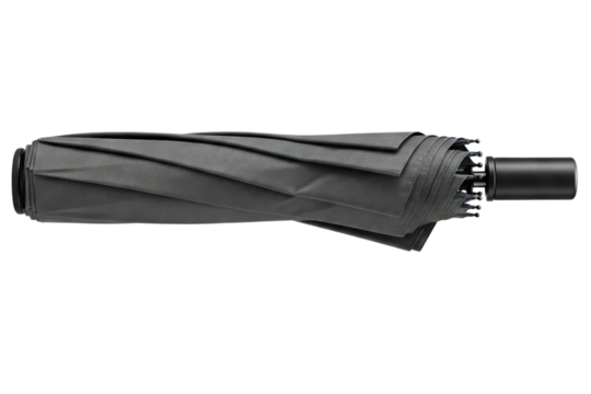 Compact black umbrella designed for easy portability isolated on a transparent background