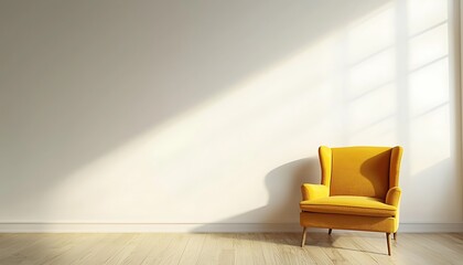 A yellow armchair sits against a white wall with sunlight streaming through a window frame