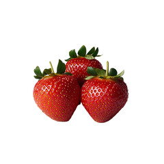 Three fresh ripe strawberries with green leaves on transparent background