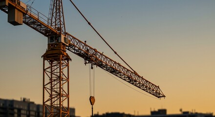 Fototapeta premium Tower crane silhouette against twilight sky
