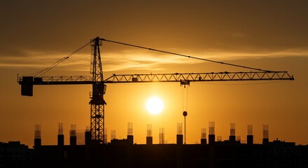 Tower crane silhouetted against sunset