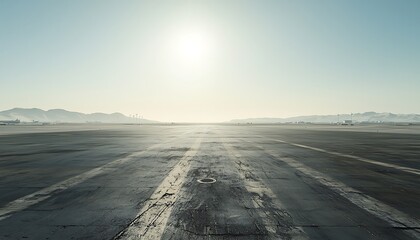 A view of an airport runway stretching into the distance with mountains in the background lit by sun