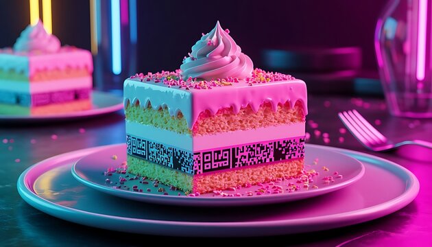 A colorful slice of cake on a plate. The cake has layers of pink, white, and purple frosting, topped with a swirl of cream and sprinkles. Neon lights illuminate the background.