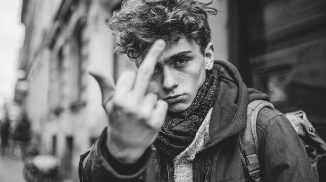 A bold black-and-white photo of a young man flipping the middle finger, exuding raw urban attitude and streetwise defiance. Generative AI