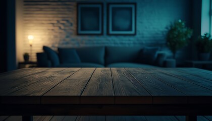 A dark wooden table in the foreground with a blurred living room background with a sofa and art