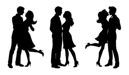 couple in love hugging silhouettes Vector in PNG. Man and woman embracing, lovers silhouette isolated. Black and white vector illustration of romantic couple.