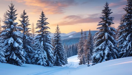 Obraz premium Snow-covered landscape with tall evergreen trees under a colorful sunset. The scene captures the tranquility of winter in a mountainous region.