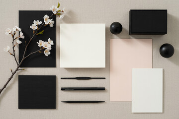 Elegant Flat Lay Mockup with Blank Cards Black Box and Spring Blossom Branch