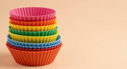 A stack of vibrant silicone baking cups arranged on a neutral beige background.