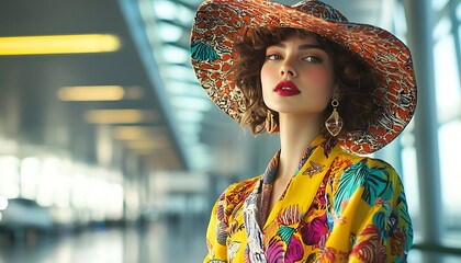 Portrait of a woman with red lipstick wearing a colorful hat and jacket in a modern building