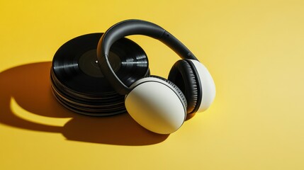 White headphones and vinyl records on yellow