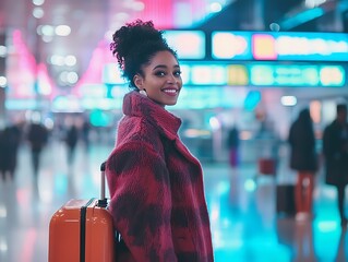 A smiling woman with curly hair in a red coat and orange suitcase at an airport terminal area