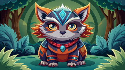 Obraz premium Cute fantasy raccoon creature in colorful armor sitting in a lush magical forest with a playful expression