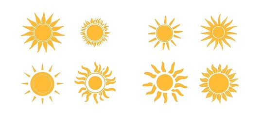 Set of sun icons, simple vector style, yellow color on a white background