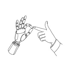 Obraz premium Human hand touching robotic hand in line drawing on a transparent background 