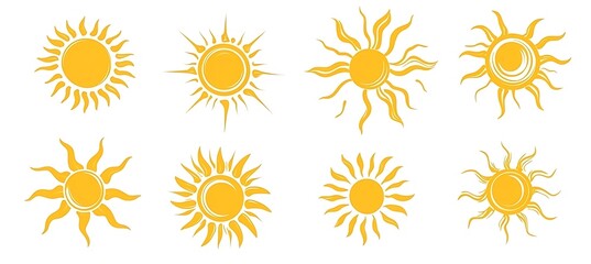 Set of sun icons, simple vector style, yellow color on a white background