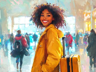 A smiling woman with curly hair in a yellow jacket at an airport with a yellow suitcase