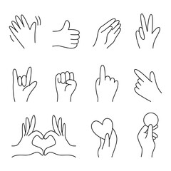 Set of outline hand gesture illustrations showcasing diverse expressions and signs. Includes heart gestures, pointing, waving, and more. Ideal for design elements and communication visuals.