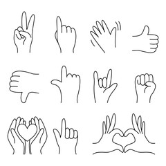 Set of simple black line drawings of hand gestures, each representing meanings such as peace, love, approval, and communication. Ideal for creative design, icons, posters, and visual projects
