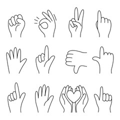 Vector set of hand gesture illustrations in minimalist outline style, including symbols for love, peace, ok, pointing, and more. Perfect for communication, expression, and design projects