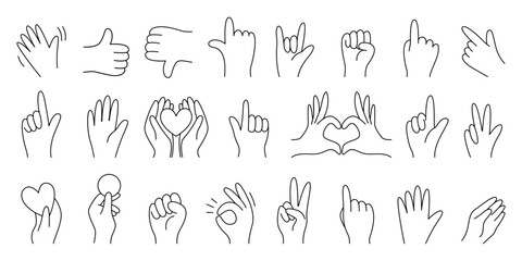 Set of minimal outlined hand gesture illustrations representing various signs and expressions. Ideal for use in creative projects, communication design, emotions, and symbolic visual content