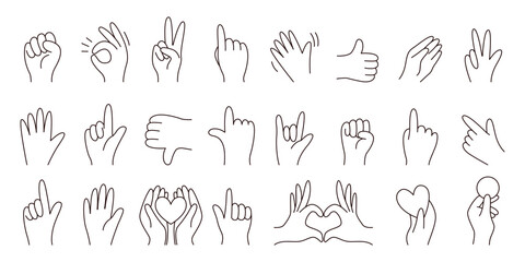 Collection of outlined vector hand gestures showing different expressions and symbols, perfect for visual storytelling, emotional concepts, modern communication, and digital graphic design uses