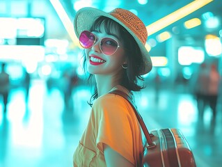 A smiling woman with a hat and sunglasses stands in a brightly lit airport with luggage bag