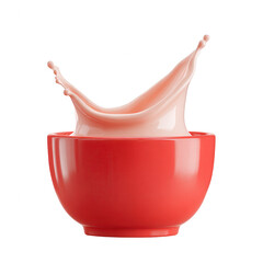 A vibrant red bowl with a splash of creamy liquid rising gracefully above its rim, set against a white background. Perfect for culinary and food-related themes.