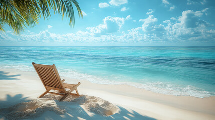 A wooden beach chair placed on a coast line at a beach with ocean in the background 
