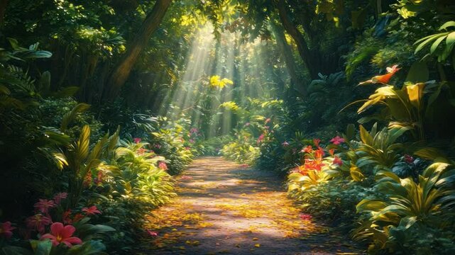 Sunlit Path in Lush Rainforest: A captivating pathway, beckoning the viewer deeper into an enchanting rainforest teeming with life. The pathway winds invitingly through vibrant flora.