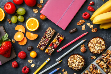 Healty snack time like gronola bar, fruits and pensil. 