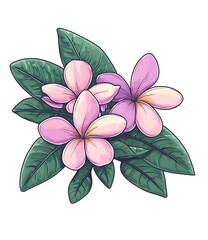 Vector sticker, a simple design of frangipani flowers in purple and pink on a white background