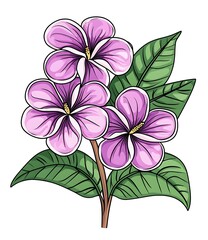 Vector sticker, a simple design of frangipani flowers in purple and pink on a white background