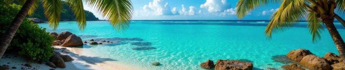 Obraz premium Crystal clear water reveals vibrant coral reef near shore, palm trees frame scene , escape, tropical island