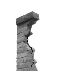 A weathered stone pillar with cracks on a white isolated background, showcasing the texture and details of ancient architecture.