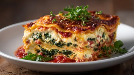 Hearty Lasagna with Spinach and Ricotta, Topped with Fresh Herbs