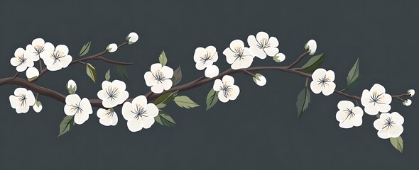 White apricot blossoms, an embroidery pattern design for a t-shirt with a dark gray background color