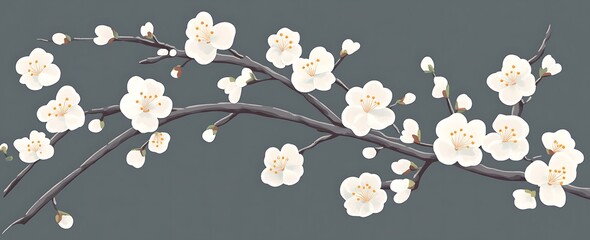 White apricot blossoms, an embroidery pattern design for a t-shirt with a dark gray background color